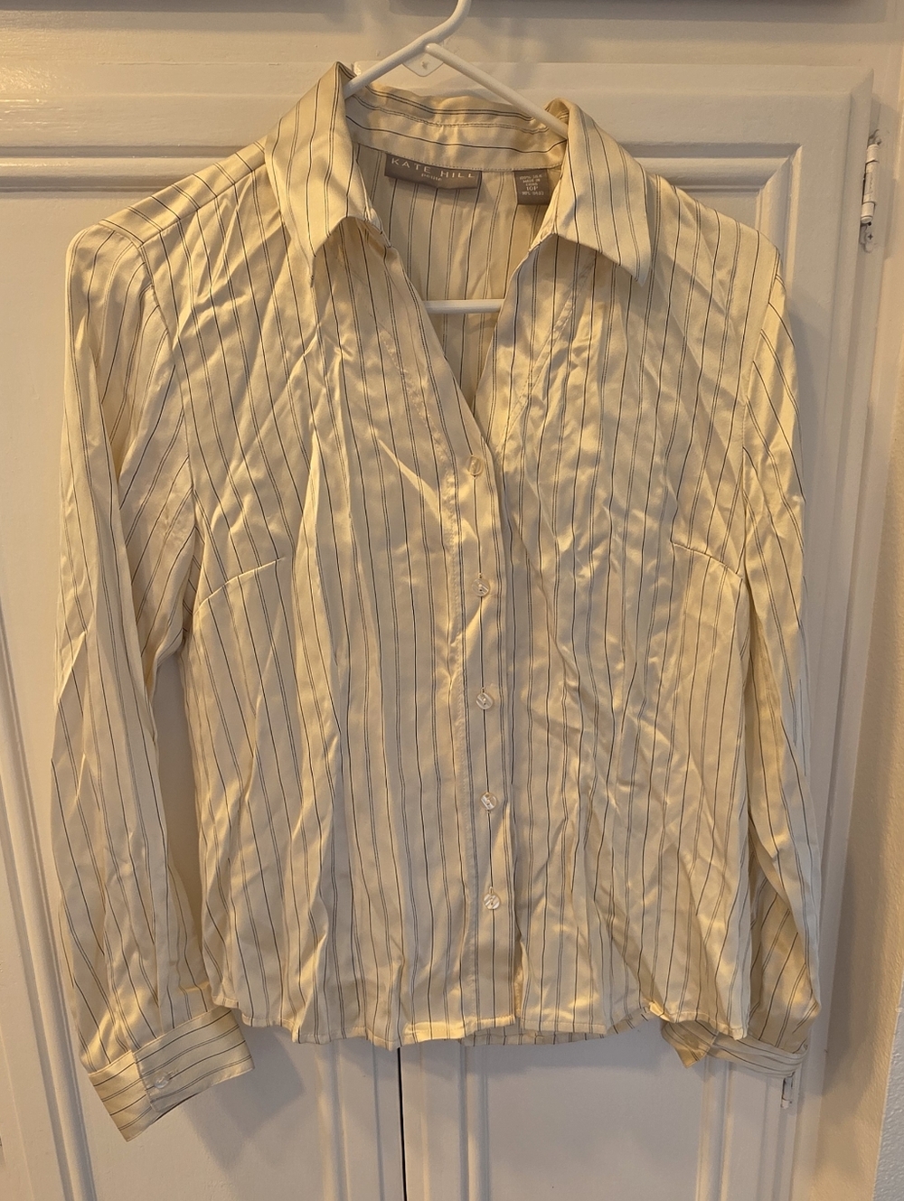 Kate Hill Women's 100% Silk Cream Striped Button Up Shirt ~ Size 10 Petite - Picture 2 of 11